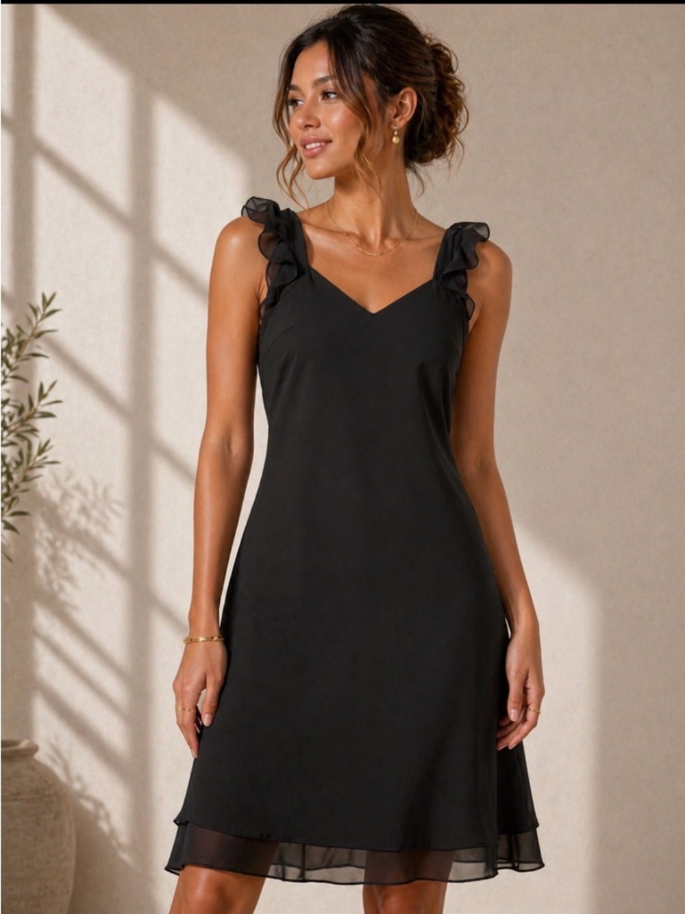 Evan Picone Black‎ Ruffle-Shoulder Midi Dress